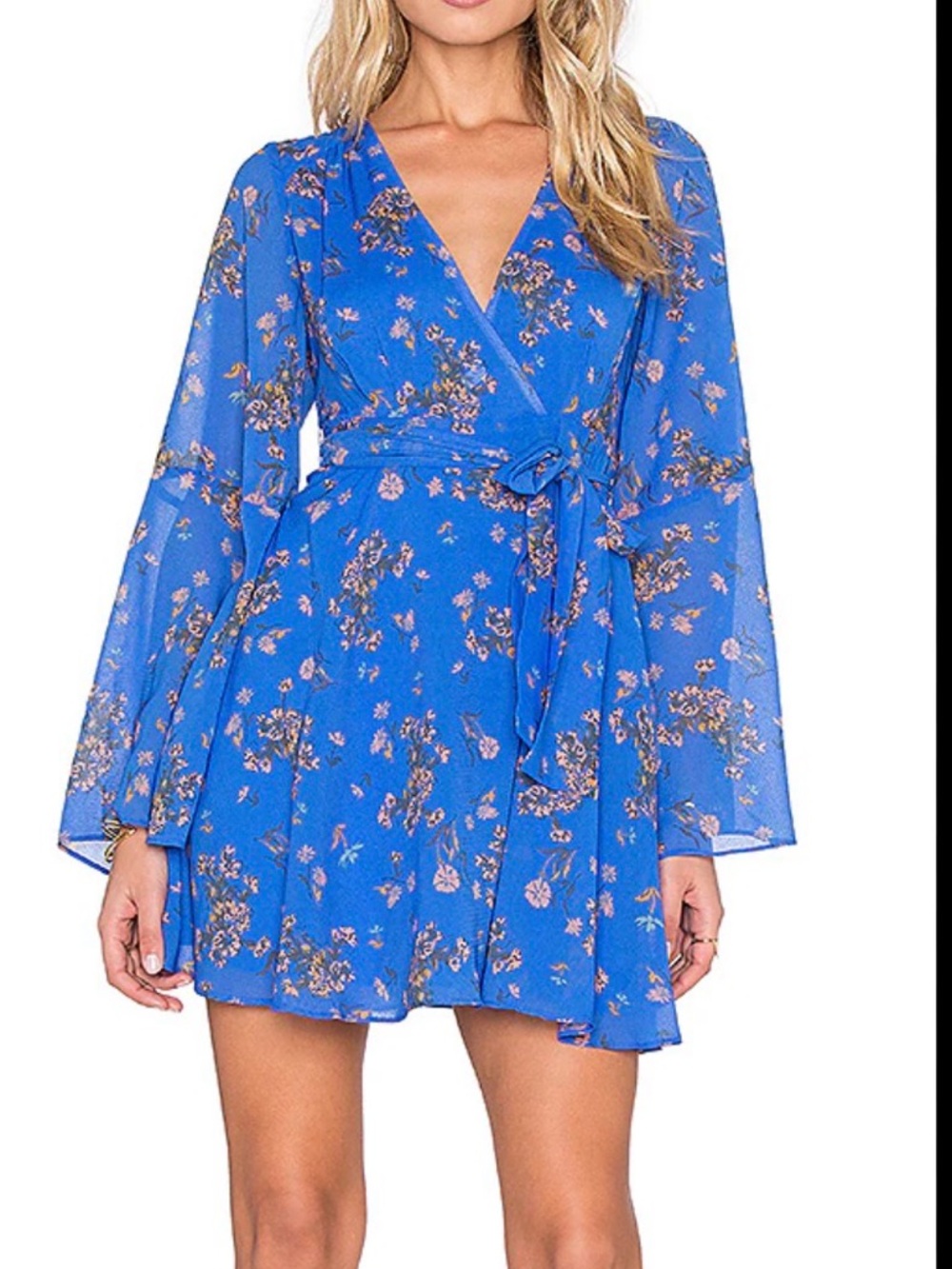 Free People Royal Blue Floral Wrap Mini Dress